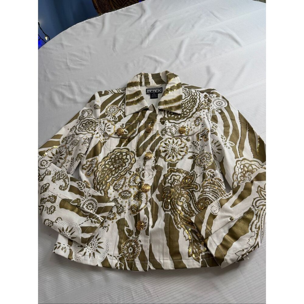 Berek White Olive Paisley Gold Embellished Boho Luxe Jacket Size PL Petite Large